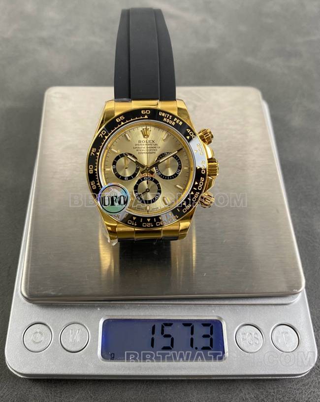 顶级复刻手表迪通拿UFO厂劳力士黄金壳金盘4131机械重量实拍图