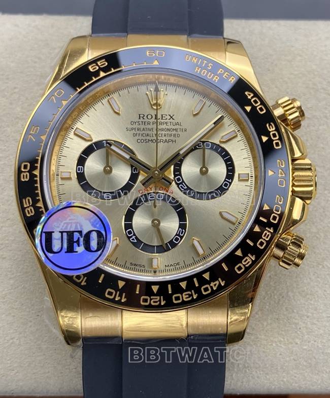 顶级复刻手表迪通拿UFO厂劳力士黄金壳金盘4131机械正面实拍图