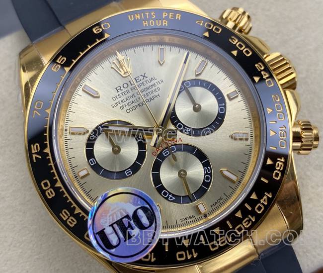 顶级复刻手表迪通拿UFO厂劳力士黄金壳金盘4131机械正面实拍图