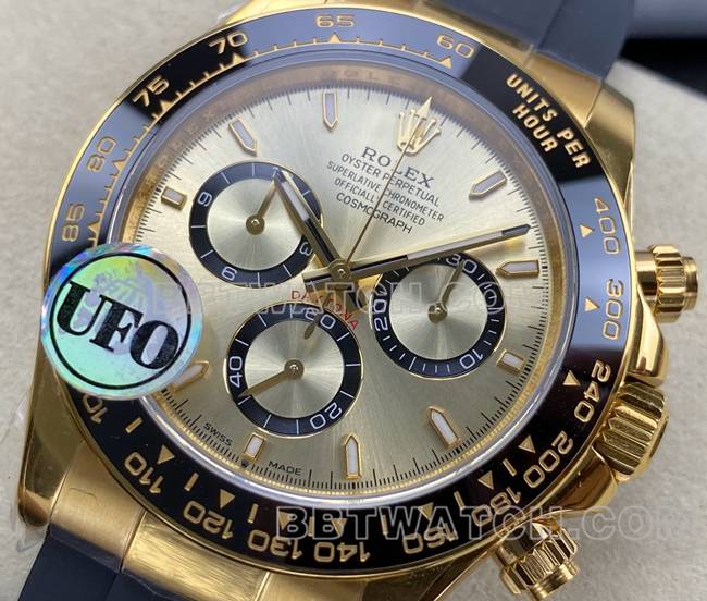 顶级复刻手表迪通拿UFO厂劳力士黄金壳金盘4131机械正面实拍图