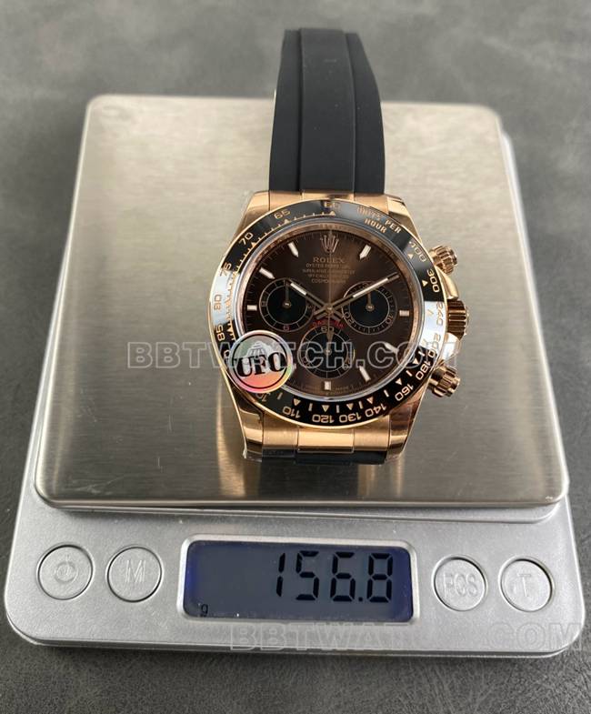 超级克隆手表UFO厂迪通拿劳力士玫瑰金壳棕盘4131机械重量实拍图