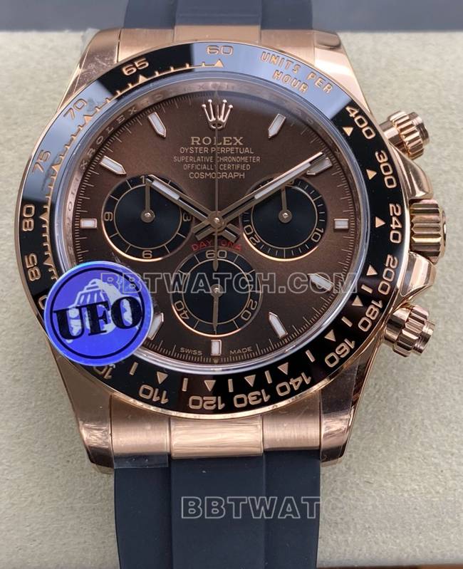 超级克隆手表UFO厂迪通拿劳力士玫瑰金壳棕盘4131机械正面实拍图