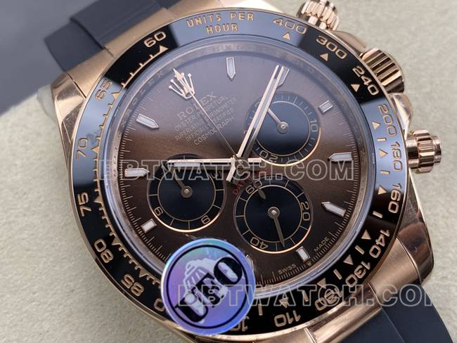 超级克隆手表UFO厂迪通拿劳力士玫瑰金壳棕盘4131机械正面实拍图