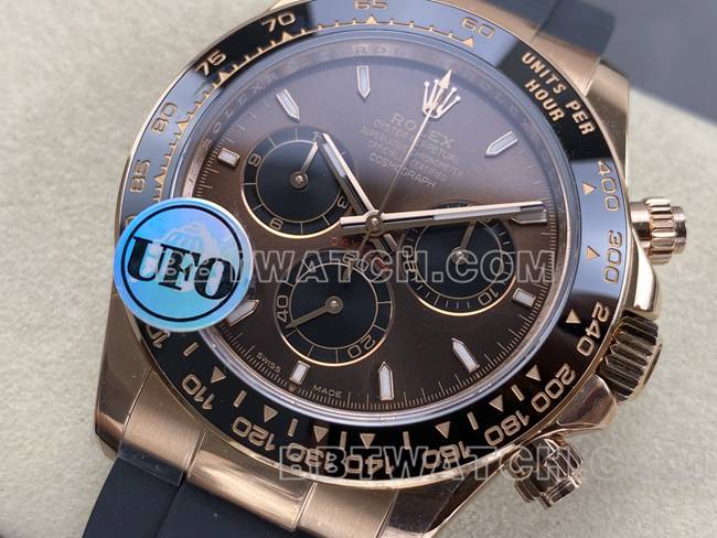 超级克隆手表UFO厂迪通拿劳力士玫瑰金壳棕盘4131机械正面实拍图
