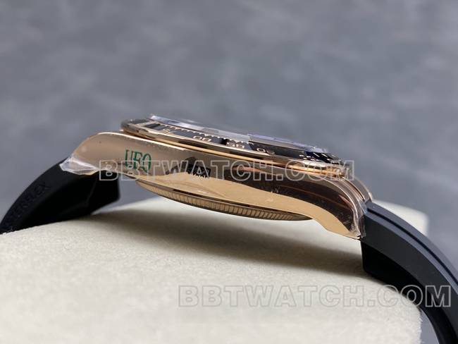 超级克隆手表UFO厂迪通拿劳力士玫瑰金壳棕盘4131机械侧面实拍图