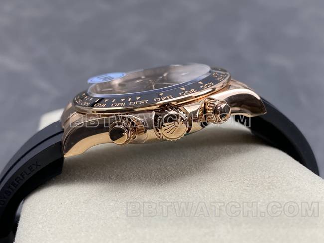 超级克隆手表UFO厂迪通拿劳力士玫瑰金壳棕盘4131机械侧面实拍图