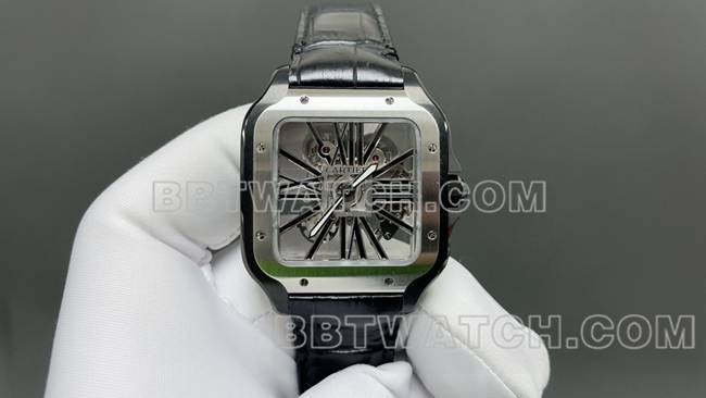 顶级复刻手表卡地亚MLF厂山度士镂空盘机械皮带款正面实拍图