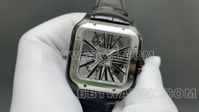 顶级复刻手表卡地亚MLF厂山度士镂空盘机械皮带款正面实拍图