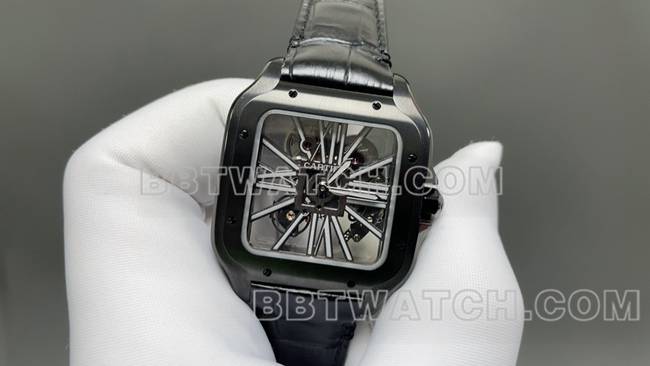 最优复刻手表山度士MLF厂卡地亚黑色镂空盘机械皮带款正面实拍图