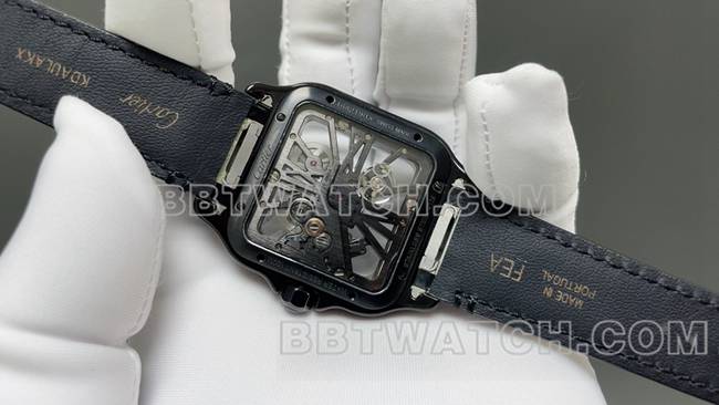 最优复刻手表山度士MLF厂卡地亚黑色镂空盘机械皮带款背面实拍图