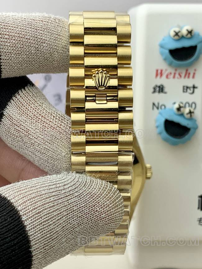 最佳复刻手表劳力士黄金PPM厂星期日历机械绿盘罗马数字表带实拍图