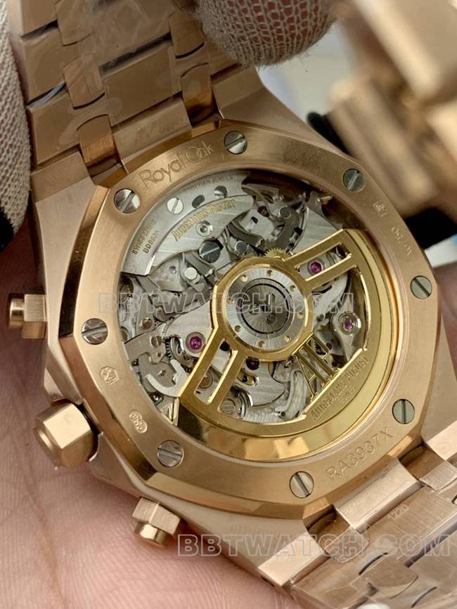 顶级复刻手表爱彼BLS厂皇家橡树玫瑰金黑盘机械26420背面实拍图