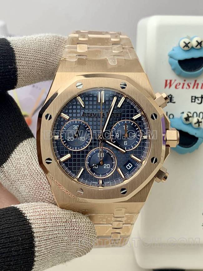 Beste Replik Uhren Audemars Piguet BLS Factory Royal Oak Rose Gold Blue Plate Mechanical 26420 vorne echtes Bild