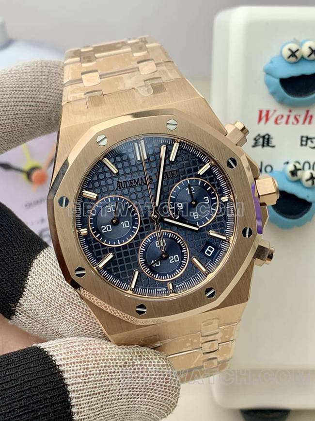 Beste Replik Uhren Audemars Piguet BLS Factory Royal Oak Rose Gold Blue Plate Mechanical 26420 vorne echtes Bild