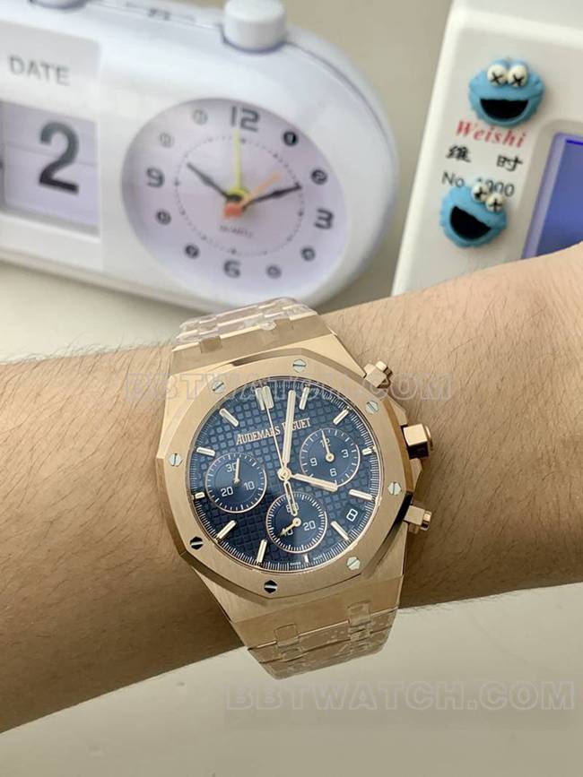 Beste Replik Uhren Audemars Piguet BLS Factory Royal Oak Rose Gold Blue Plate Mechanical 26420 vorne echtes Bild