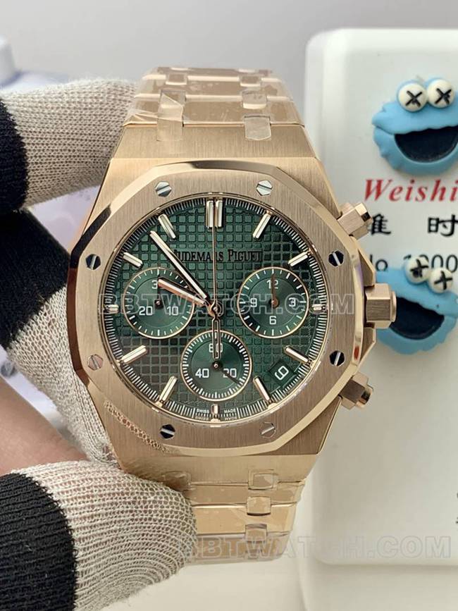 1:1复刻手表爱彼BLS厂皇家橡树玫瑰金绿盘机械26420正面实拍图