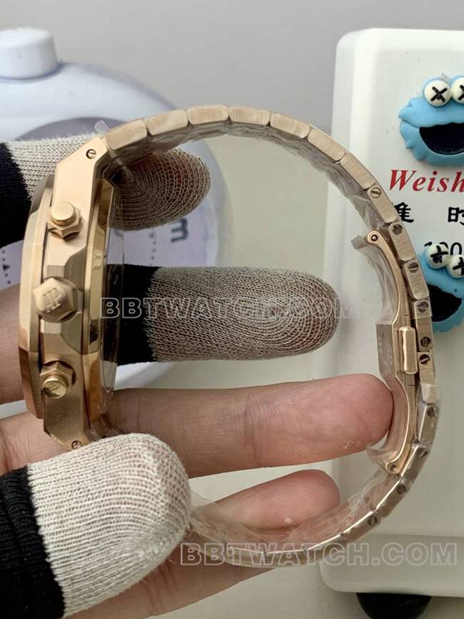 1:1复刻手表爱彼BLS厂皇家橡树玫瑰金绿盘机械26420正面实拍图