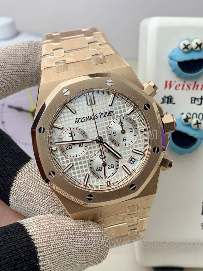 超级克隆手表爱彼BLS厂皇家橡树玫瑰金银盘机械26420正面实拍图