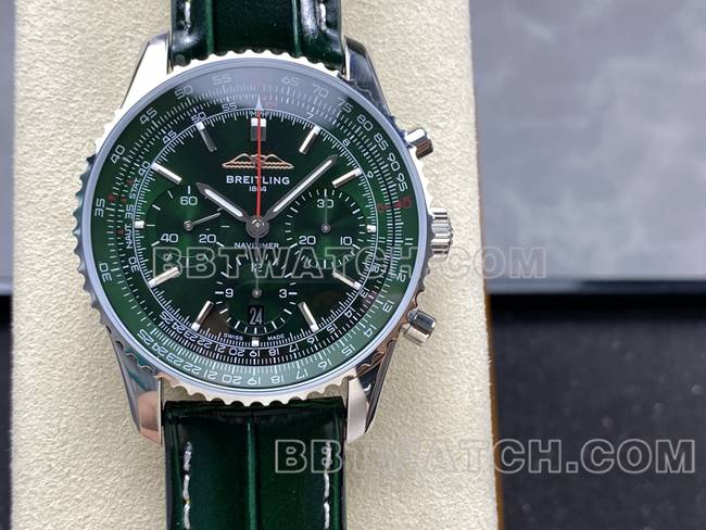 顶级复刻手表航空计时BLS厂百年灵绿盘皮带款正面实拍图