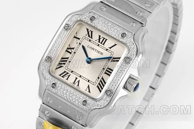 顶级复刻手表山度士卡地亚银盘钻圈石英机芯正面实拍图