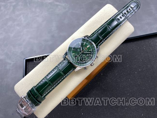 顶级复刻手表航空计时BLS厂百年灵绿盘皮带款正面实拍图