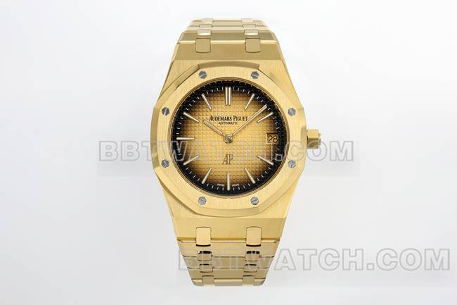 顶级复刻手表ZF厂爱彼皇家橡树烟熏黄金盘16202正面实拍图