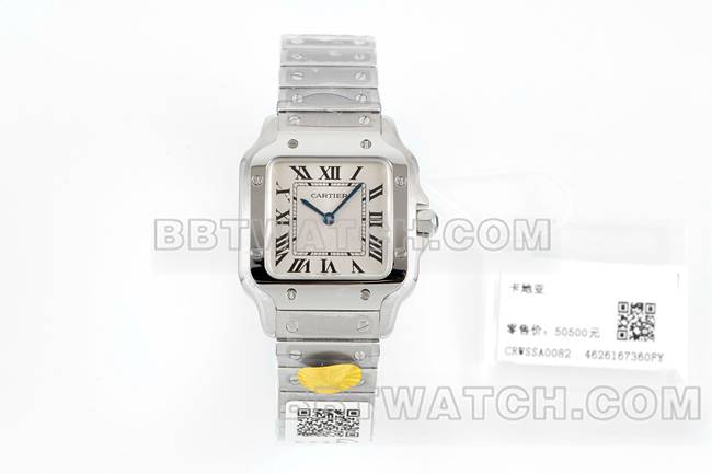 最优复刻手表山度士卡地亚银盘石英机芯正面实拍图