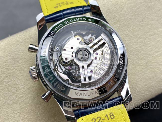 最佳复刻手表BLS厂百年灵航空计时镶钻蓝盘皮带款背面实拍图