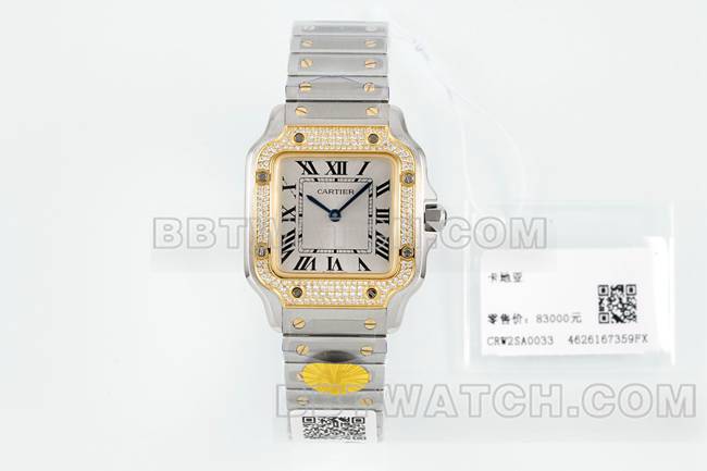 1:1复刻手表山度士卡地亚银盘黄金镶钻圈石英机芯正面实拍图