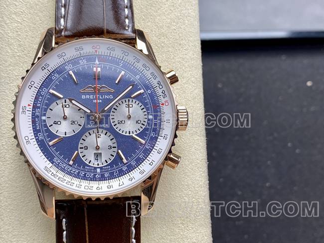 顶级复刻手表BLS厂蓝盘百年灵航空计时玫瑰金皮带款正面实拍图