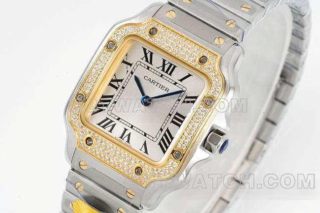 1:1复刻手表山度士卡地亚银盘黄金镶钻圈石英机芯正面实拍图