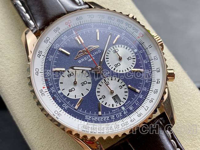 顶级复刻手表BLS厂蓝盘百年灵航空计时玫瑰金皮带款正面实拍图