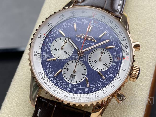 顶级复刻手表BLS厂蓝盘百年灵航空计时玫瑰金皮带款正面实拍图