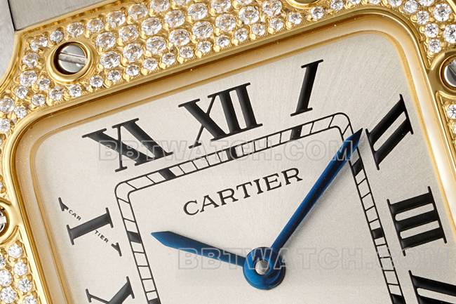 1:1复刻手表山度士卡地亚银盘黄金镶钻圈石英机芯正面实拍图