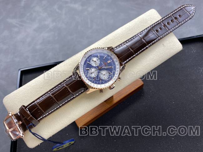 顶级复刻手表BLS厂蓝盘百年灵航空计时玫瑰金皮带款正面实拍图