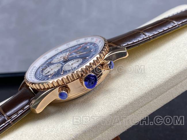 顶级复刻手表BLS厂蓝盘百年灵航空计时玫瑰金皮带款侧面实拍图