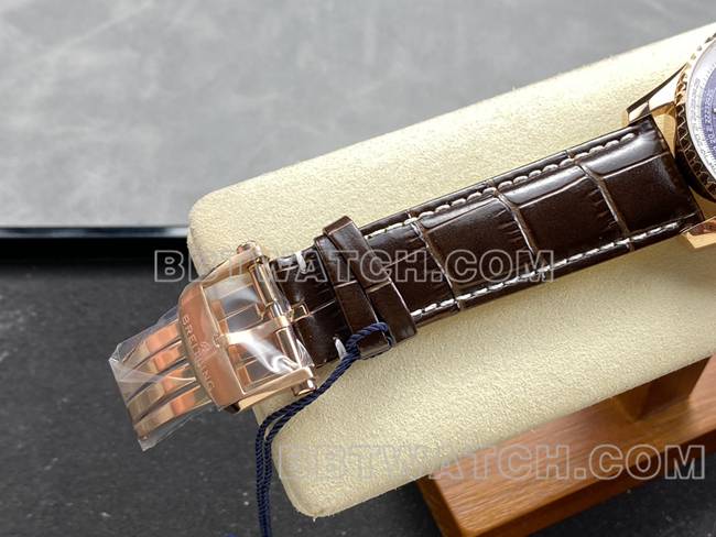 顶级复刻手表BLS厂蓝盘百年灵航空计时玫瑰金皮带款表扣实拍图