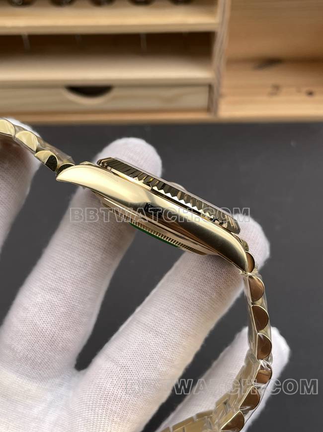 顶级复刻手表CBD厂黑盘劳力士星期日历黄金3255机械侧面实拍图