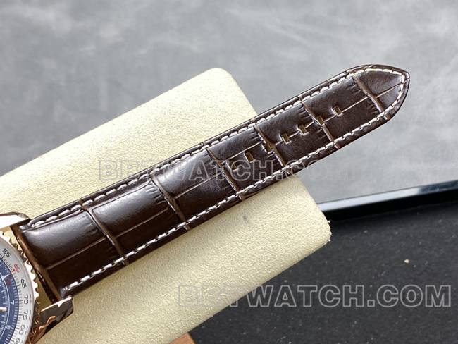 顶级复刻手表BLS厂蓝盘百年灵航空计时玫瑰金皮带款表带实拍图