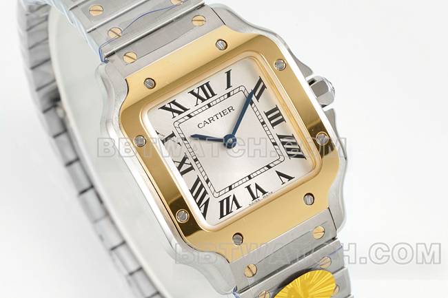 超级克隆手表山度士卡地亚银盘黄金圈石英机芯正面实拍图