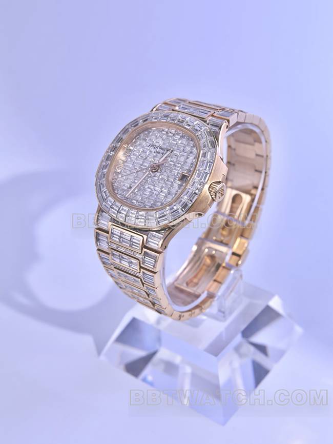 顶级复刻手表鹦鹉螺百达翡丽真金真钻定制机械钻盘正面实拍图