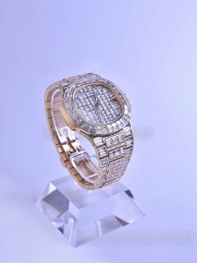 顶级复刻手表鹦鹉螺百达翡丽真金真钻定制机械钻盘正面实拍图