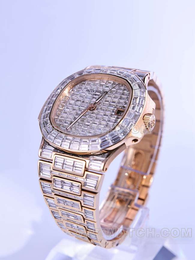 顶级复刻手表鹦鹉螺百达翡丽真金真钻定制机械钻盘正面实拍图