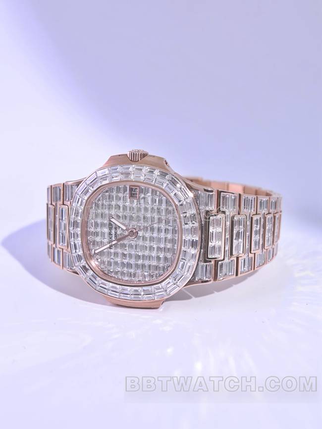 顶级复刻手表鹦鹉螺百达翡丽真金真钻定制机械钻盘正面实拍图