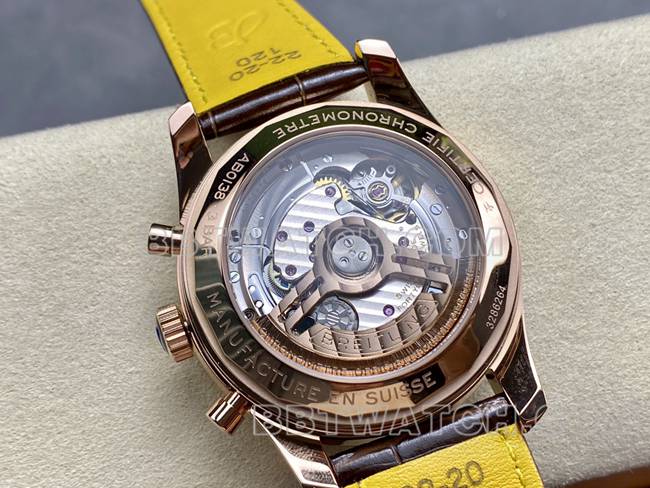 最优复刻手表BLS厂银白盘百年灵航空计时玫瑰金镶钻皮带款背面实拍图