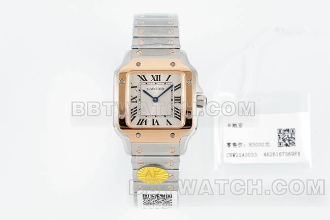 最佳复刻手表山度士卡地亚银盘玫瑰金圈石英机芯正面实拍图