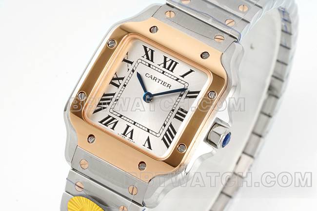 最佳复刻手表山度士卡地亚银盘玫瑰金圈石英机芯正面实拍图