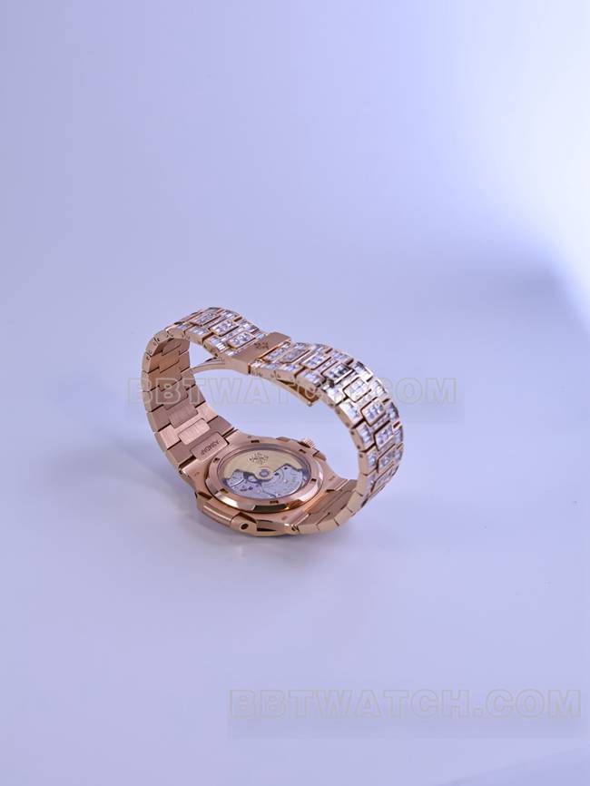 顶级复刻手表鹦鹉螺百达翡丽真金真钻定制机械钻盘背面实拍图