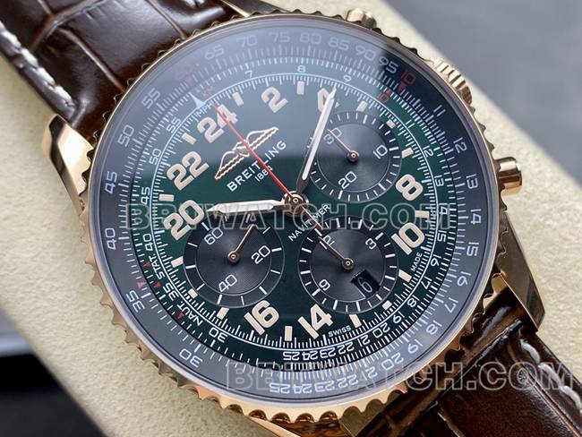 1:1复刻手表BLS厂绿黑盘百年灵航空计时玫瑰金皮带款正面实拍图