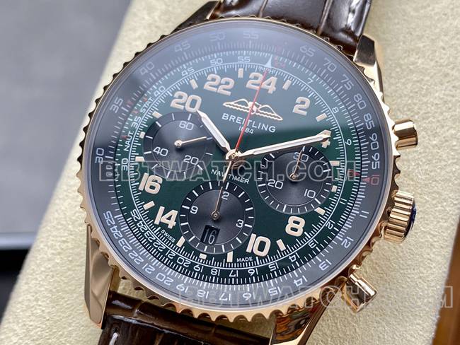 1:1复刻手表BLS厂绿黑盘百年灵航空计时玫瑰金皮带款正面实拍图